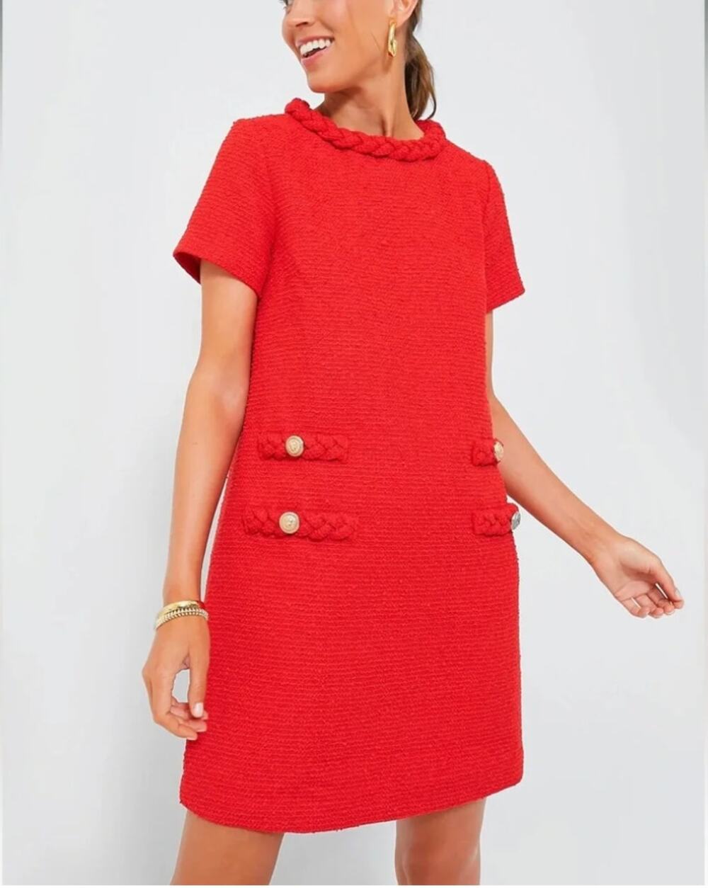 Tuckernuck Jackie Dress Red Tweed Mini Shift Braided Trim Work Size Medium